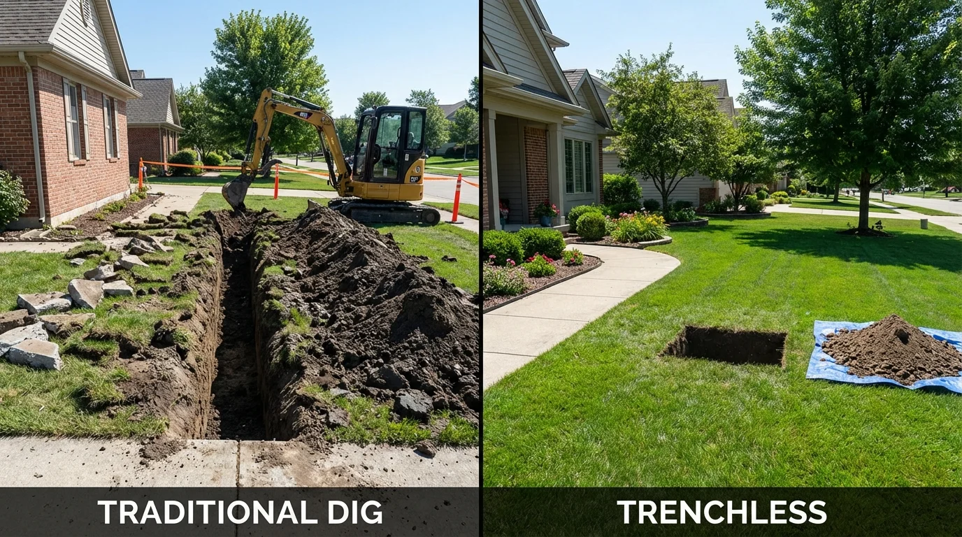 Trenchless sewer repair with minimal yard damage versus traditional excavation in Highland, CA