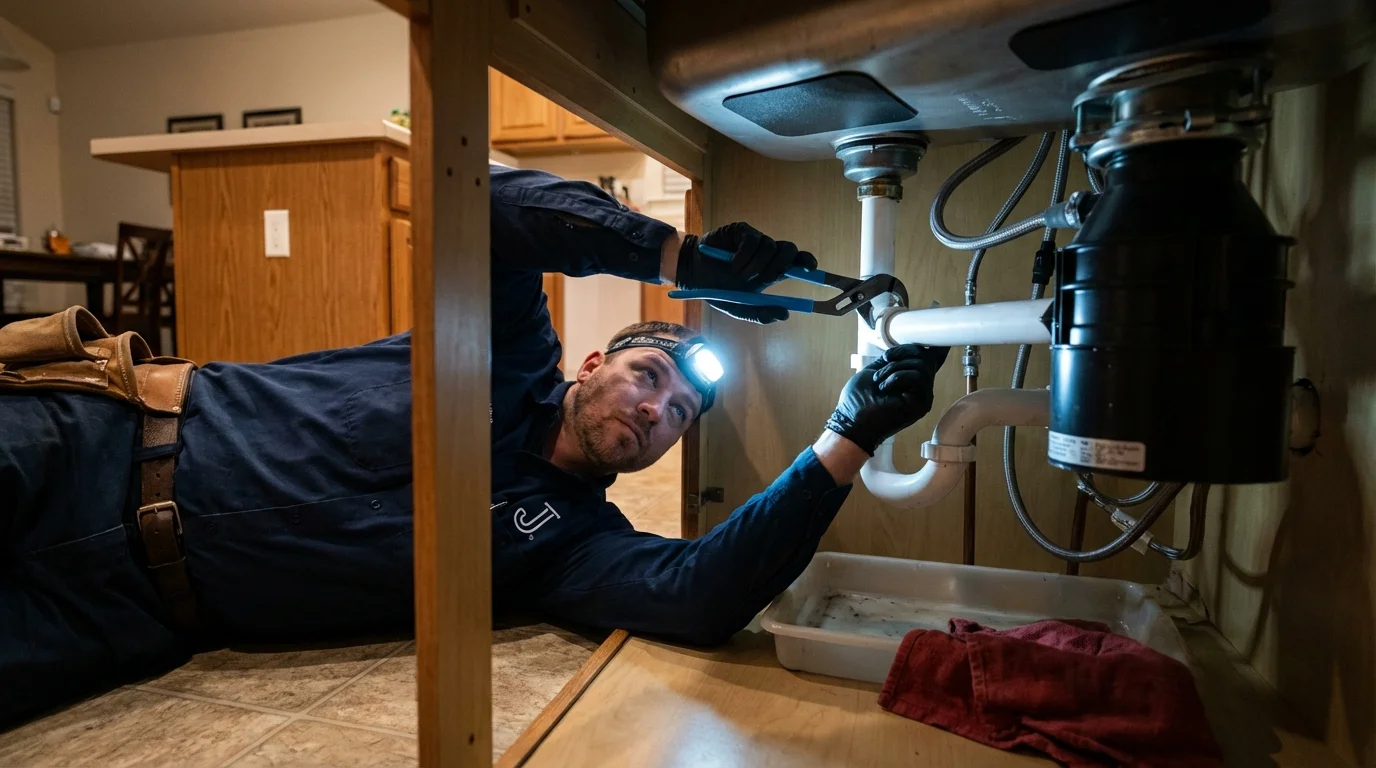 P-trap and supply line connections under a kitchen sink showing a common leak point in Highland, CA